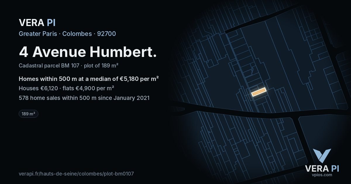 4 Avenue Humbert, Colombes at night – the plot lit, the parcels around coloured by the prices near them