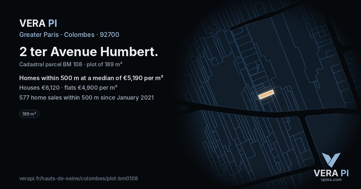 2 ter Avenue Humbert, Colombes at night – the plot lit, the parcels around coloured by the prices near them