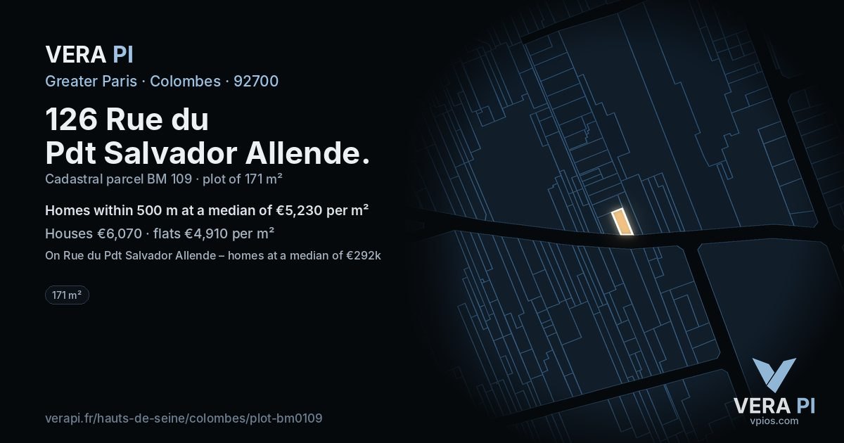 126 Rue du Pdt Salvador Allende, Colombes at night – the plot lit, the parcels around coloured by the prices near them