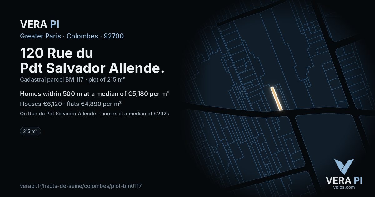 120 Rue du Pdt Salvador Allende, Colombes at night – the plot lit, the parcels around coloured by the prices near them