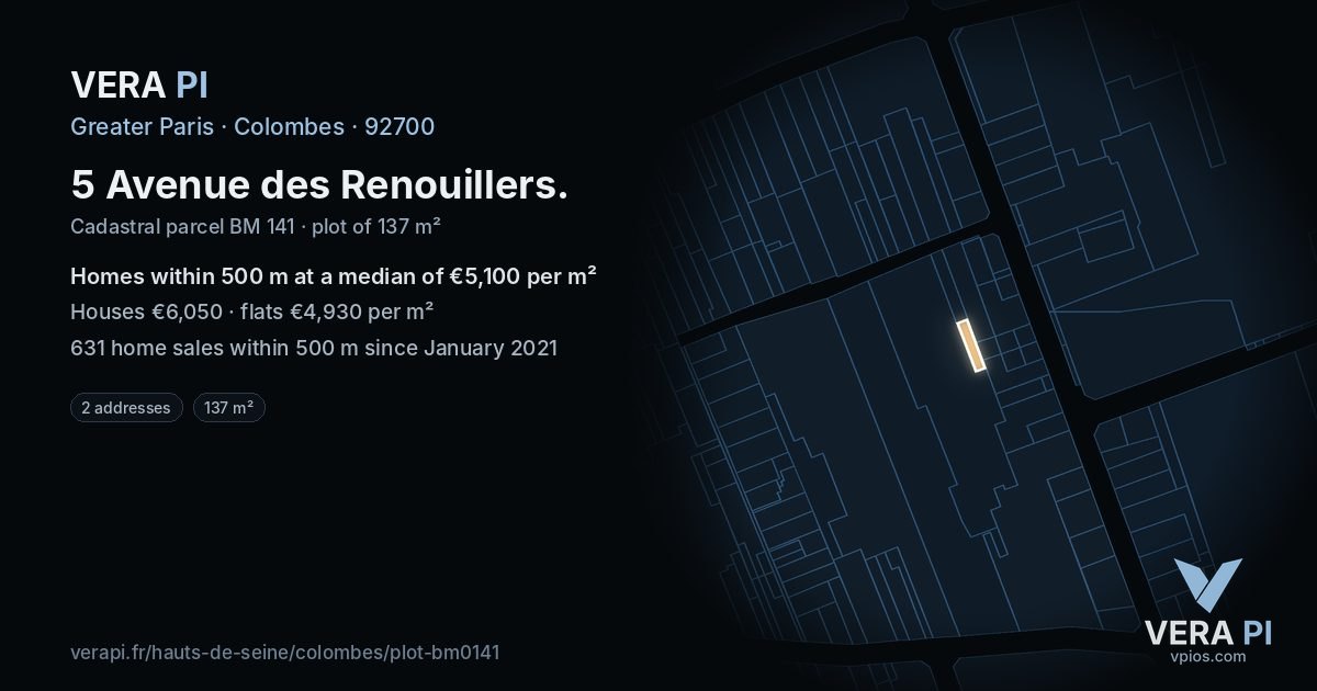 5 Avenue des Renouillers, Colombes at night – the plot lit, the parcels around coloured by the prices near them