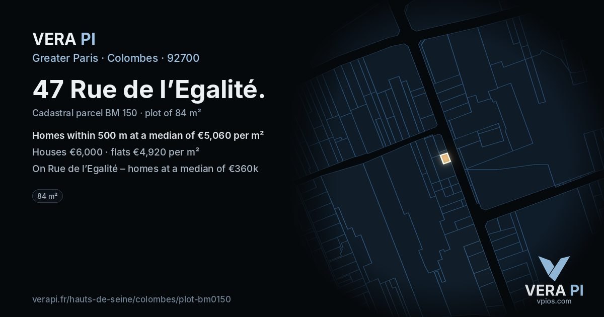 47 Rue de l’Egalité, Colombes at night – the plot lit, the parcels around coloured by the prices near them