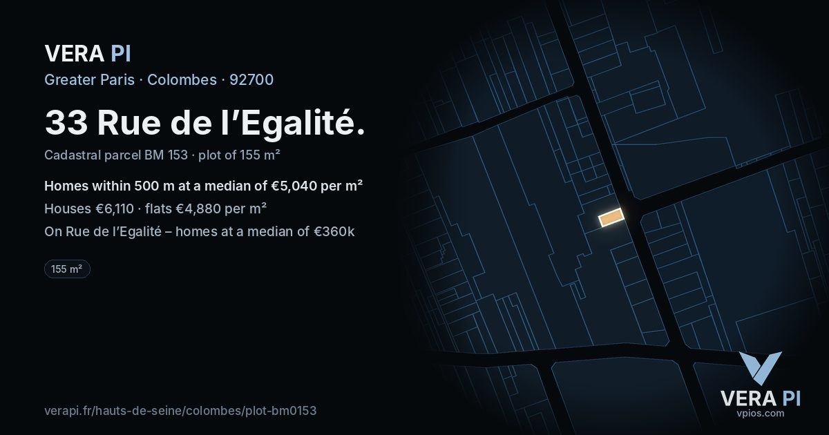 33 Rue de l’Egalité, Colombes at night – the plot lit, the parcels around coloured by the prices near them