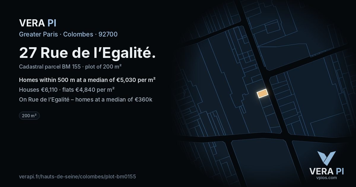 27 Rue de l’Egalité, Colombes at night – the plot lit, the parcels around coloured by the prices near them