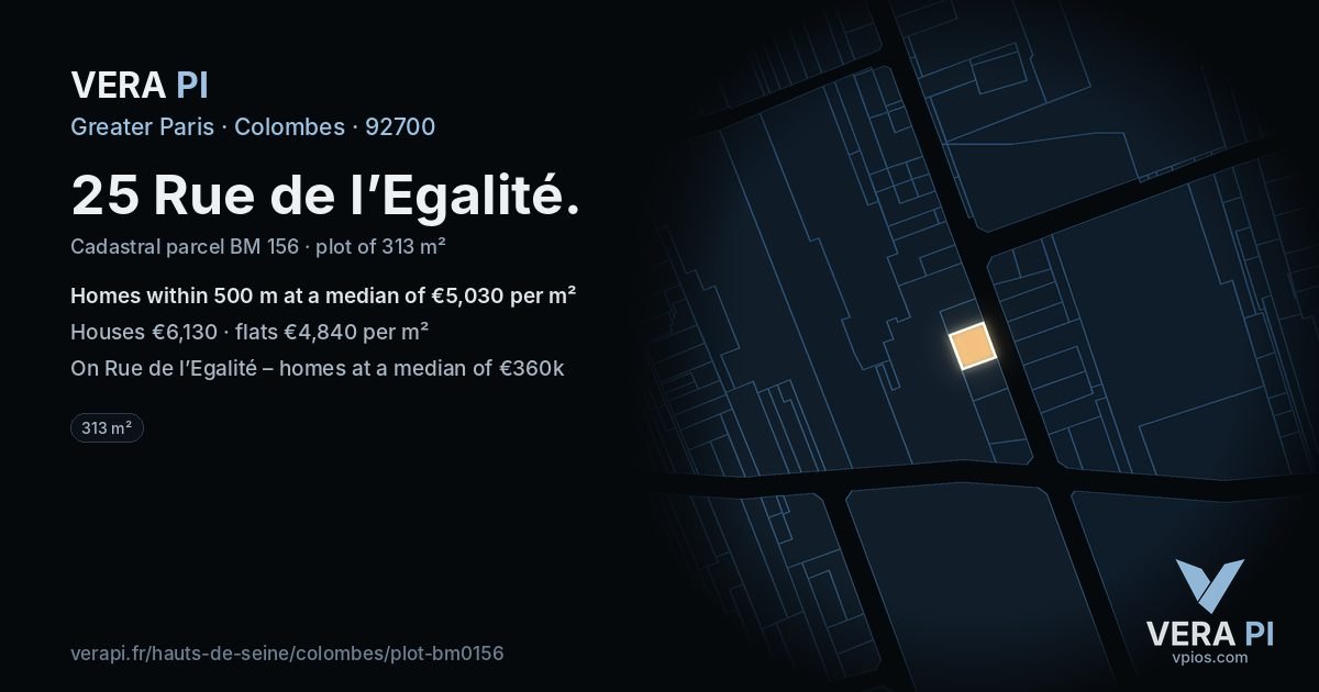 25 Rue de l’Egalité, Colombes at night – the plot lit, the parcels around coloured by the prices near them