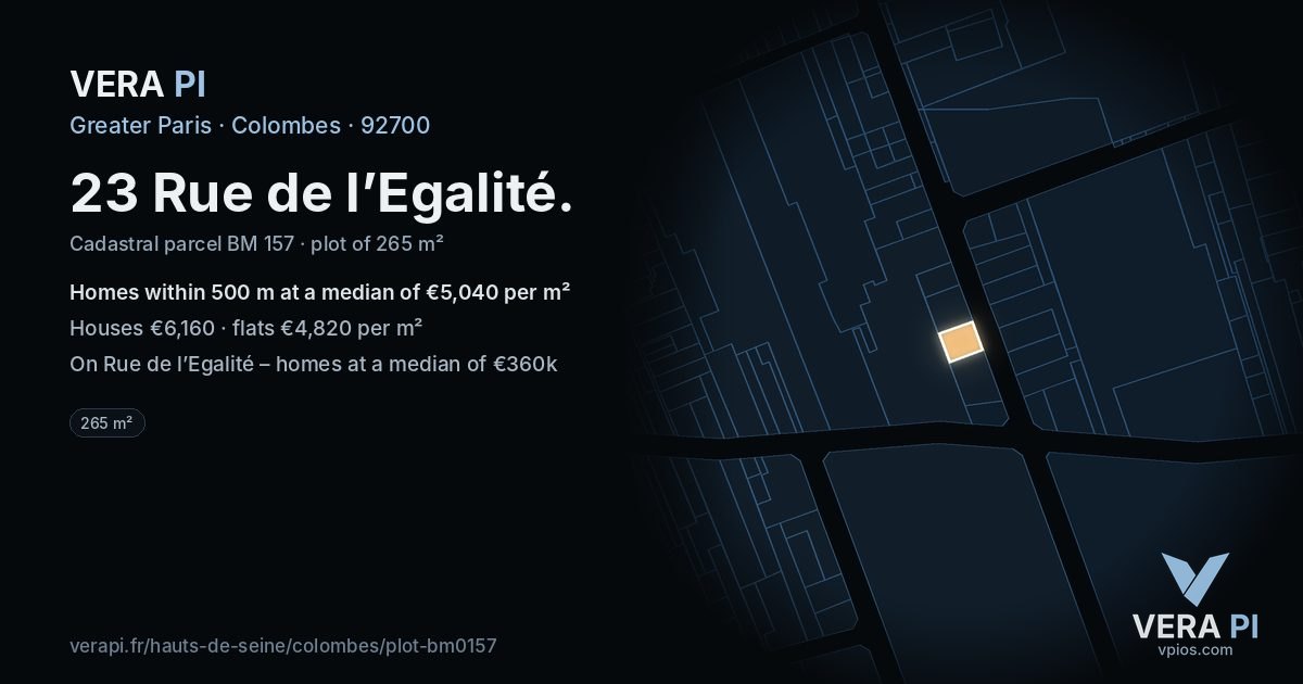 23 Rue de l’Egalité, Colombes at night – the plot lit, the parcels around coloured by the prices near them