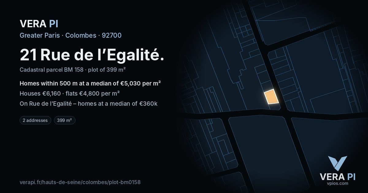 21 Rue de l’Egalité, Colombes at night – the plot lit, the parcels around coloured by the prices near them