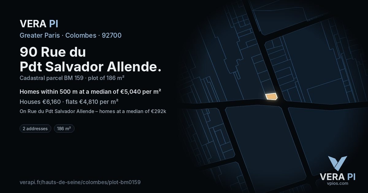 90 Rue du Pdt Salvador Allende, Colombes at night – the plot lit, the parcels around coloured by the prices near them