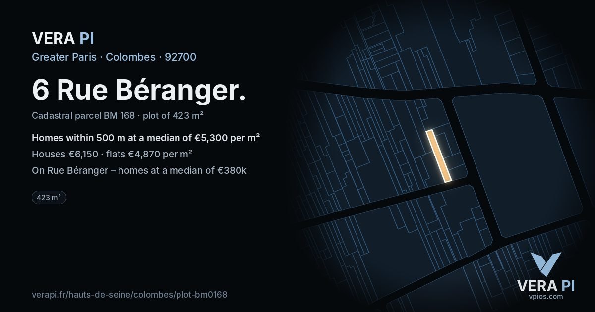 6 Rue Béranger, Colombes at night – the plot lit, the parcels around coloured by the prices near them