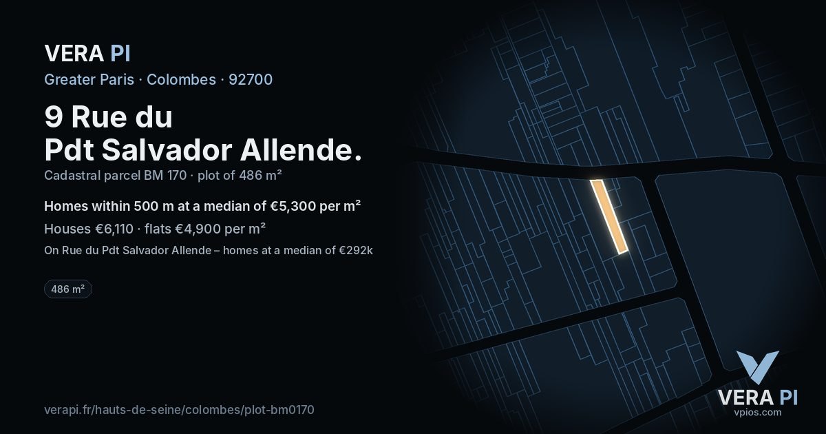 9 Rue du Pdt Salvador Allende, Colombes at night – the plot lit, the parcels around coloured by the prices near them