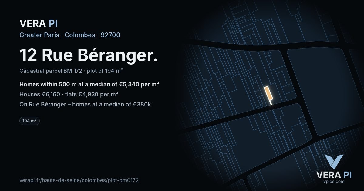 12 Rue Béranger, Colombes at night – the plot lit, the parcels around coloured by the prices near them