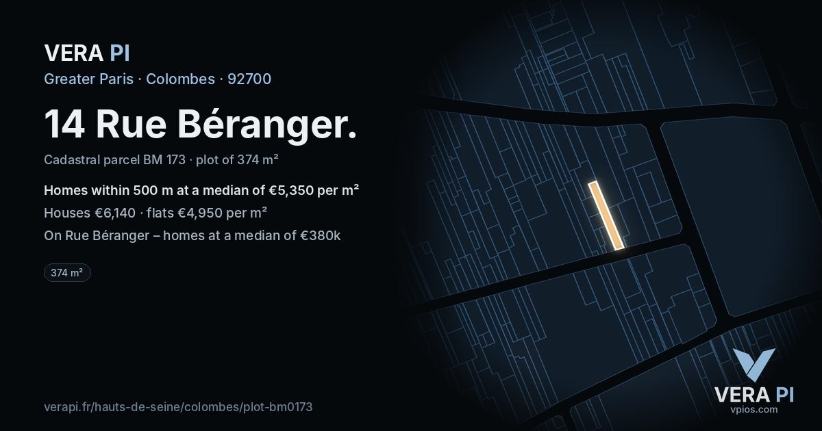 14 Rue Béranger, Colombes at night – the plot lit, the parcels around coloured by the prices near them