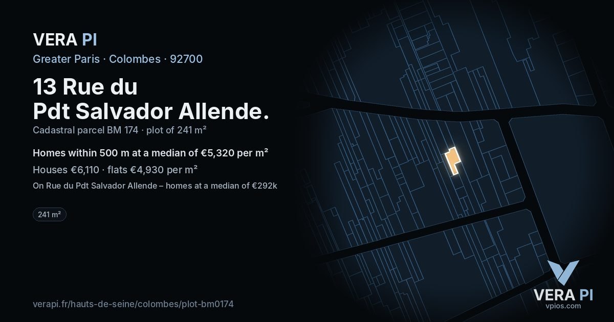 13 Rue du Pdt Salvador Allende, Colombes at night – the plot lit, the parcels around coloured by the prices near them