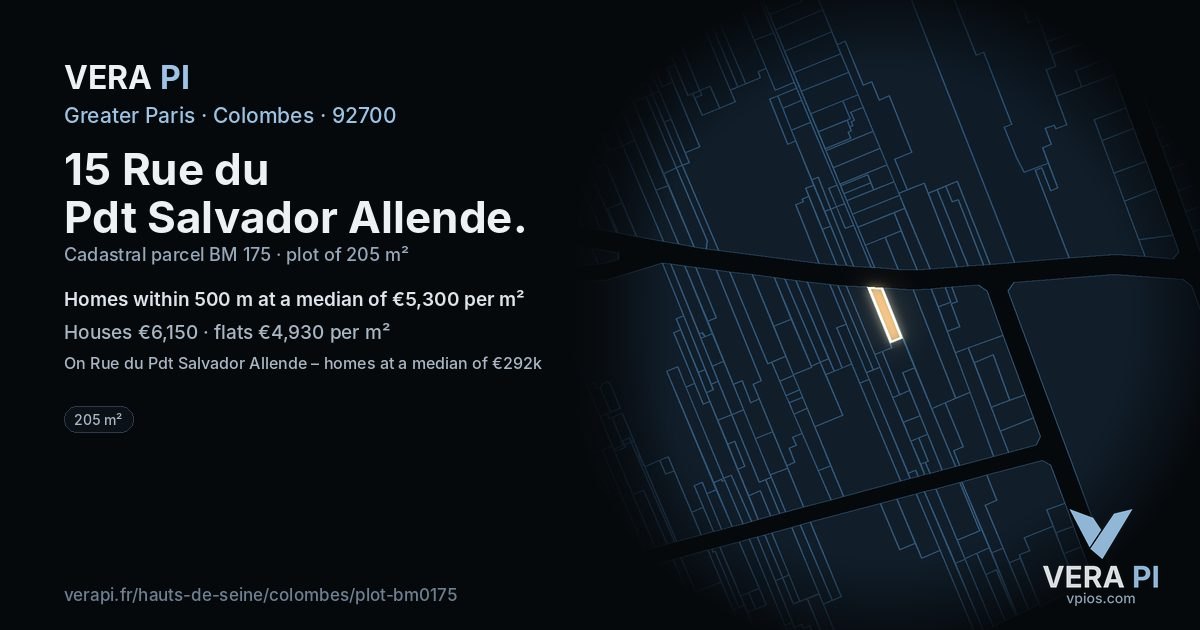 15 Rue du Pdt Salvador Allende, Colombes at night – the plot lit, the parcels around coloured by the prices near them