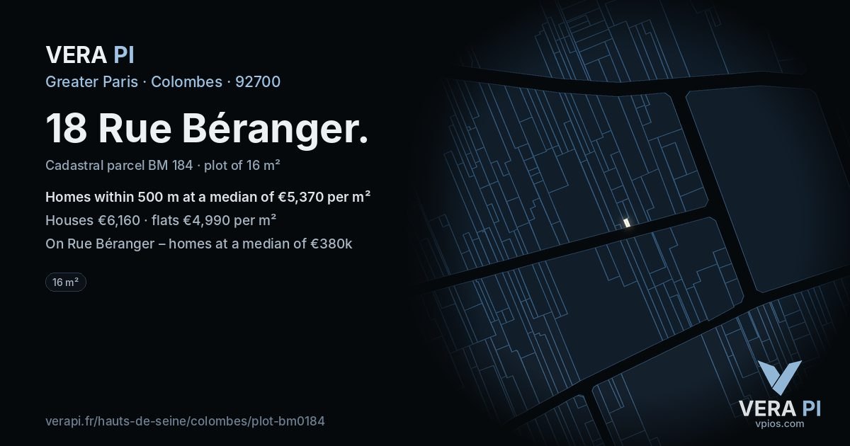 18 Rue Béranger, Colombes at night – the plot lit, the parcels around coloured by the prices near them