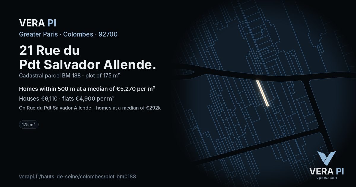 21 Rue du Pdt Salvador Allende, Colombes at night – the plot lit, the parcels around coloured by the prices near them