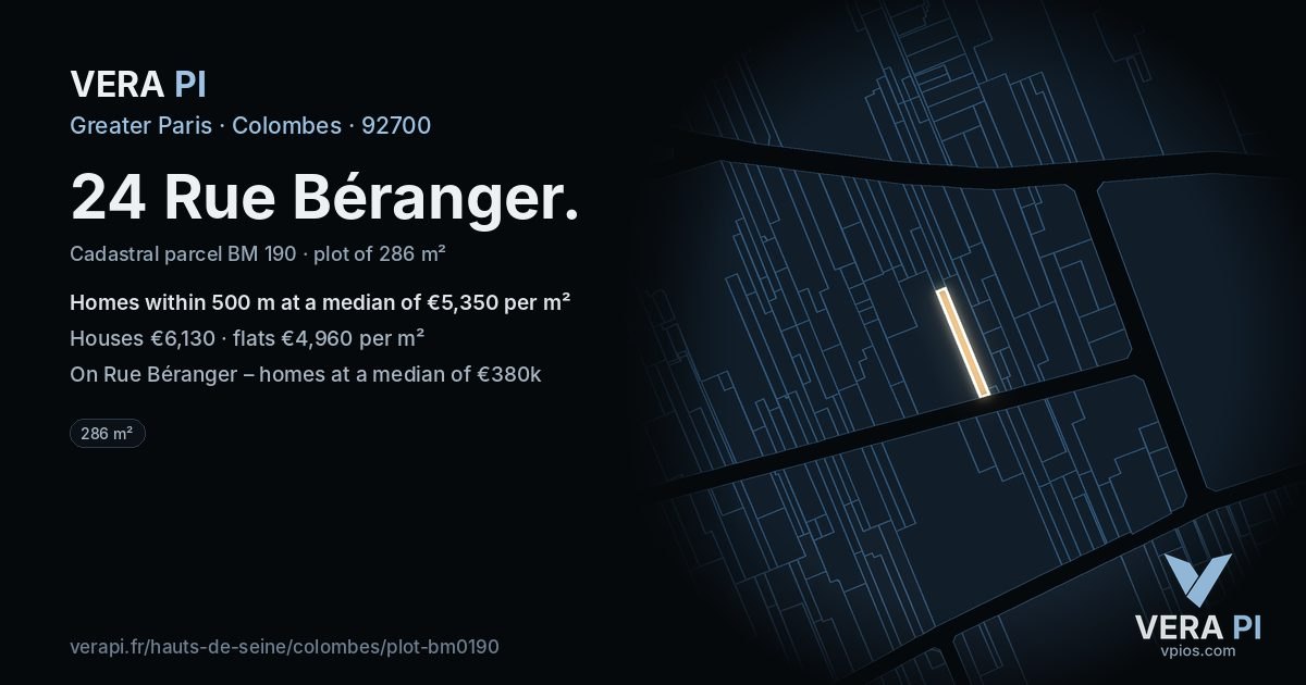 24 Rue Béranger, Colombes at night – the plot lit, the parcels around coloured by the prices near them
