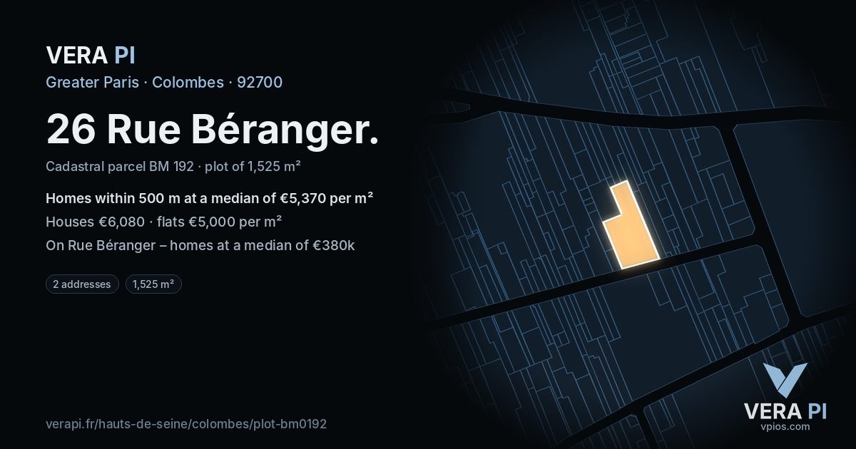 26 Rue Béranger, Colombes at night – the plot lit, the parcels around coloured by the prices near them