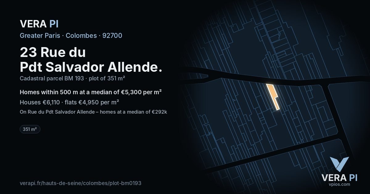 23 Rue du Pdt Salvador Allende, Colombes at night – the plot lit, the parcels around coloured by the prices near them