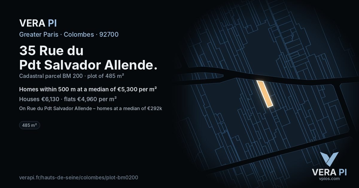 35 Rue du Pdt Salvador Allende, Colombes at night – the plot lit, the parcels around coloured by the prices near them
