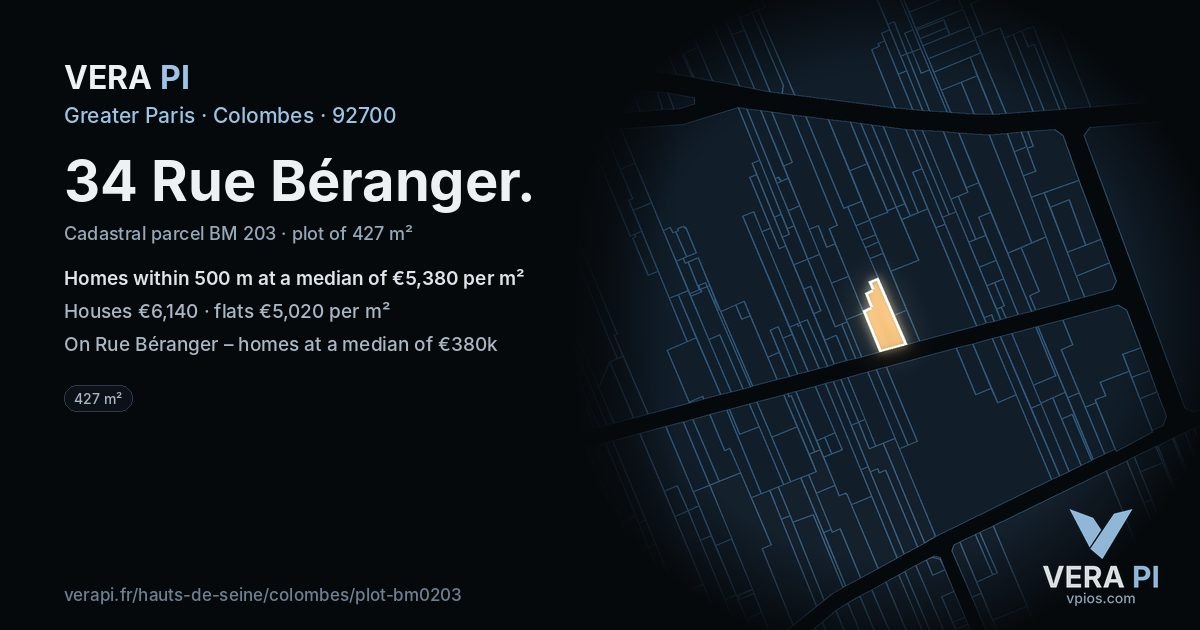 34 Rue Béranger, Colombes at night – the plot lit, the parcels around coloured by the prices near them
