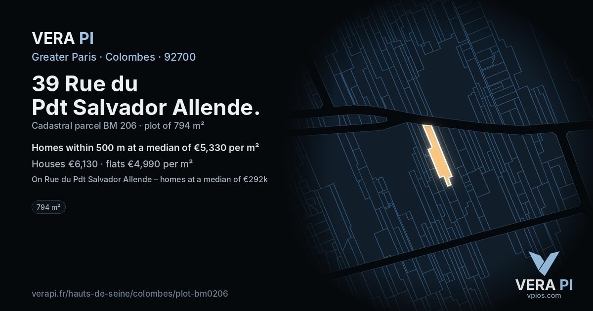 39 Rue du Pdt Salvador Allende, Colombes at night – the plot lit, the parcels around coloured by the prices near them