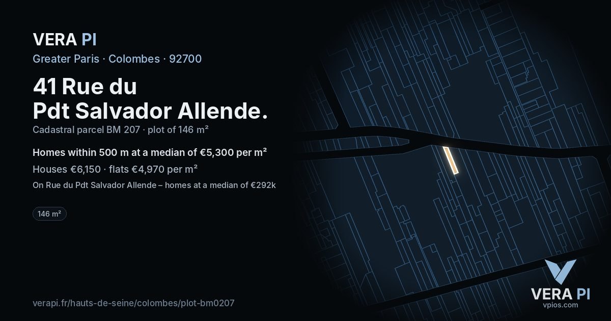 41 Rue du Pdt Salvador Allende, Colombes at night – the plot lit, the parcels around coloured by the prices near them