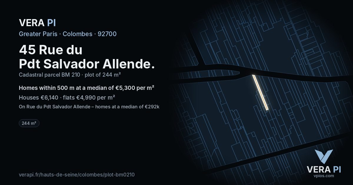 45 Rue du Pdt Salvador Allende, Colombes at night – the plot lit, the parcels around coloured by the prices near them