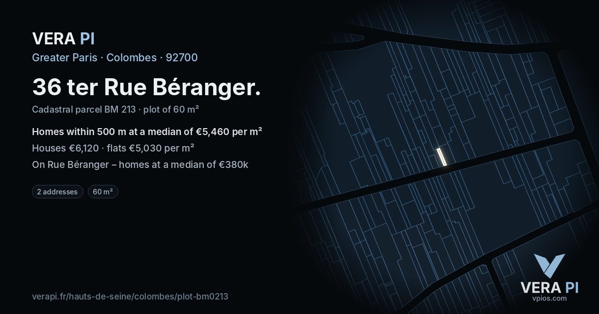 36 ter Rue Béranger, Colombes at night – the plot lit, the parcels around coloured by the prices near them