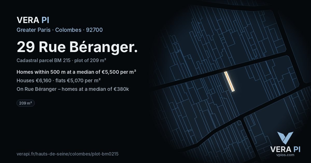29 Rue Béranger, Colombes at night – the plot lit, the parcels around coloured by the prices near them