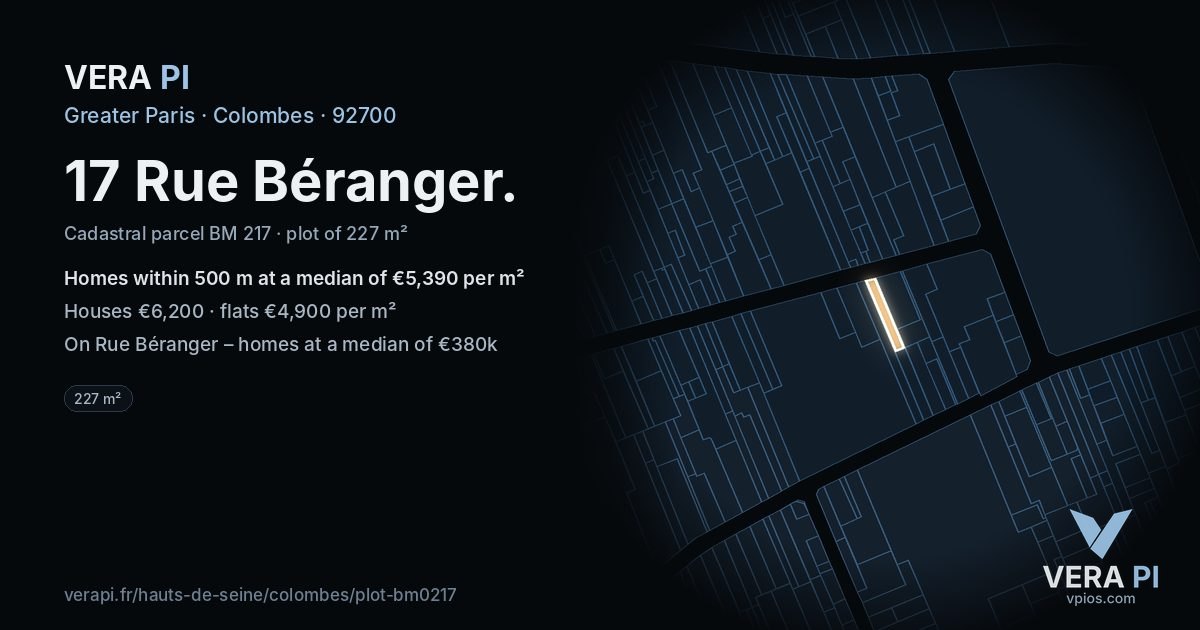 17 Rue Béranger, Colombes at night – the plot lit, the parcels around coloured by the prices near them