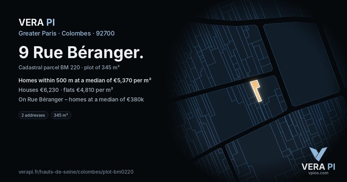 9 Rue Béranger, Colombes at night – the plot lit, the parcels around coloured by the prices near them