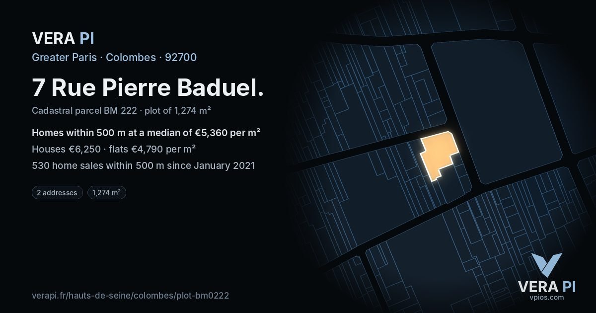 7 Rue Pierre Baduel, Colombes at night – the plot lit, the parcels around coloured by the prices near them