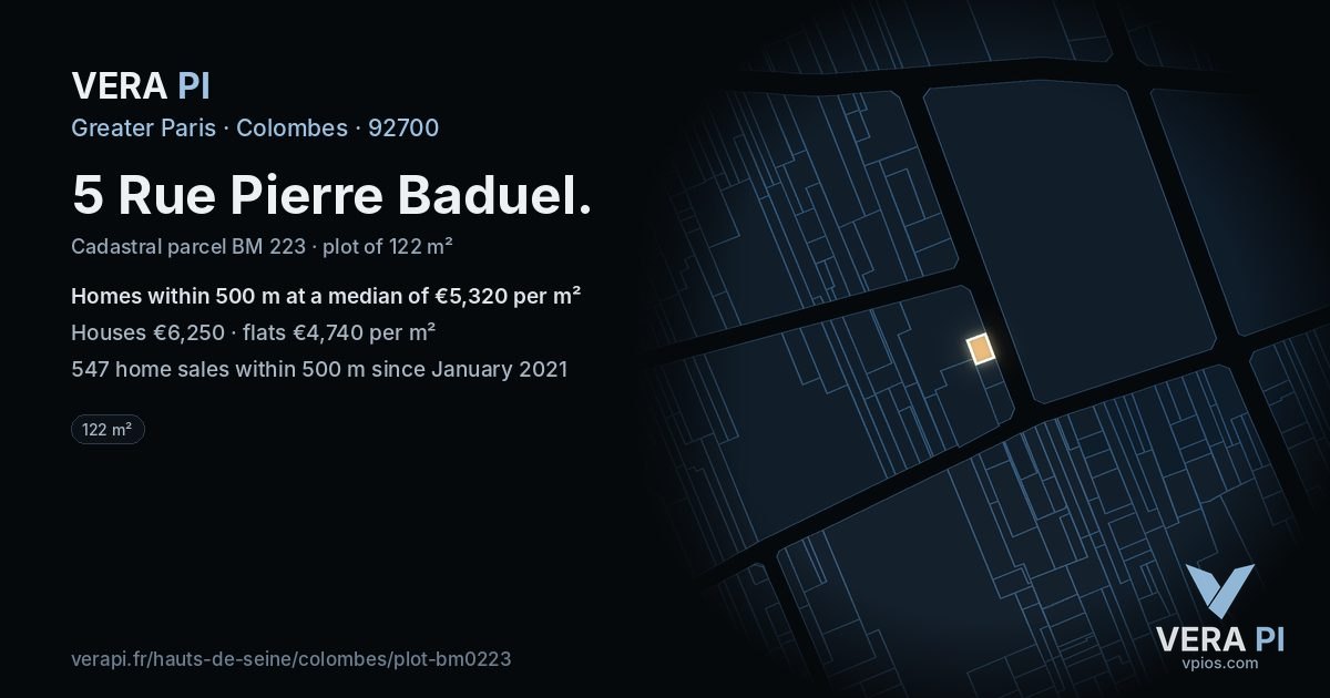 5 Rue Pierre Baduel, Colombes at night – the plot lit, the parcels around coloured by the prices near them