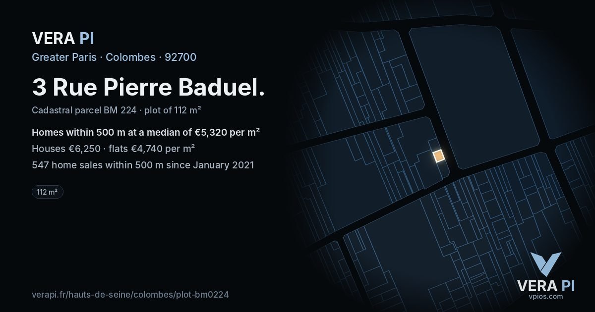 3 Rue Pierre Baduel, Colombes at night – the plot lit, the parcels around coloured by the prices near them