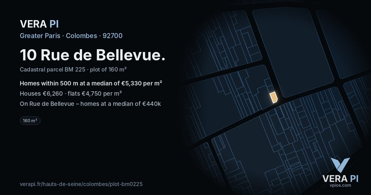10 Rue de Bellevue, Colombes at night – the plot lit, the parcels around coloured by the prices near them