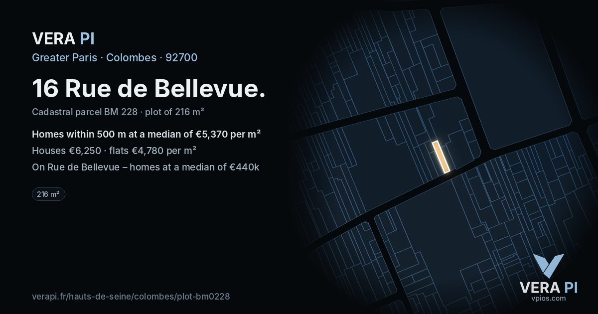 16 Rue de Bellevue, Colombes at night – the plot lit, the parcels around coloured by the prices near them