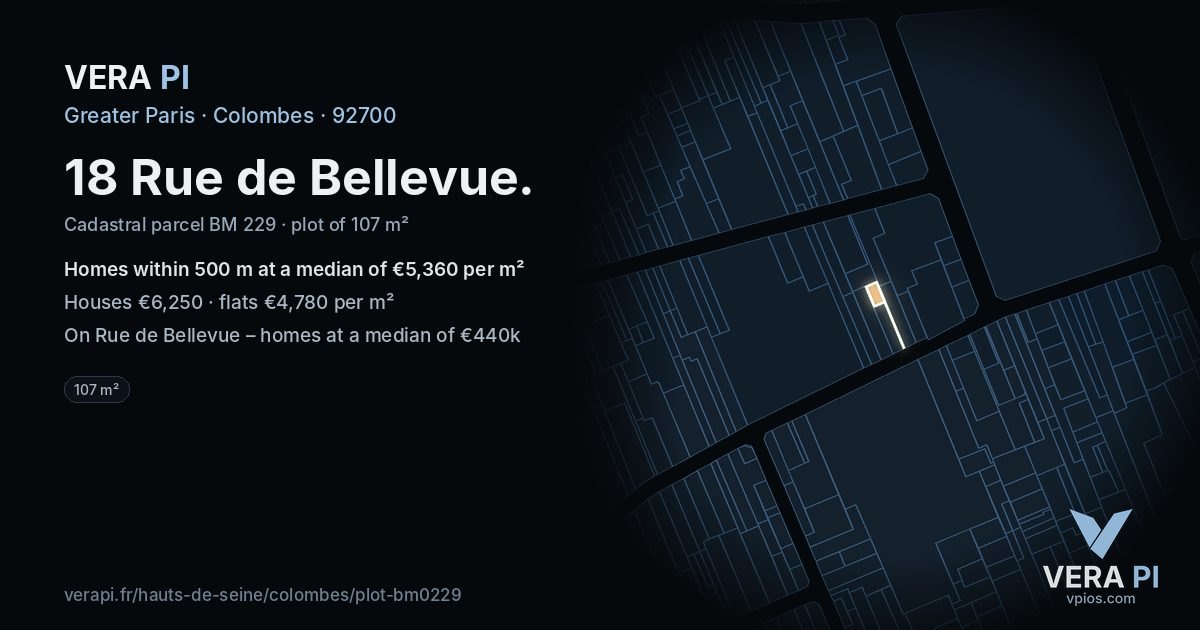 18 Rue de Bellevue, Colombes at night – the plot lit, the parcels around coloured by the prices near them