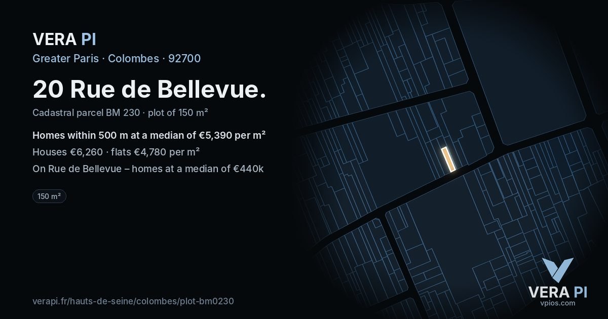 20 Rue de Bellevue, Colombes at night – the plot lit, the parcels around coloured by the prices near them