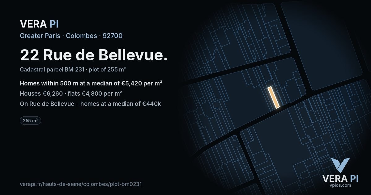 22 Rue de Bellevue, Colombes at night – the plot lit, the parcels around coloured by the prices near them