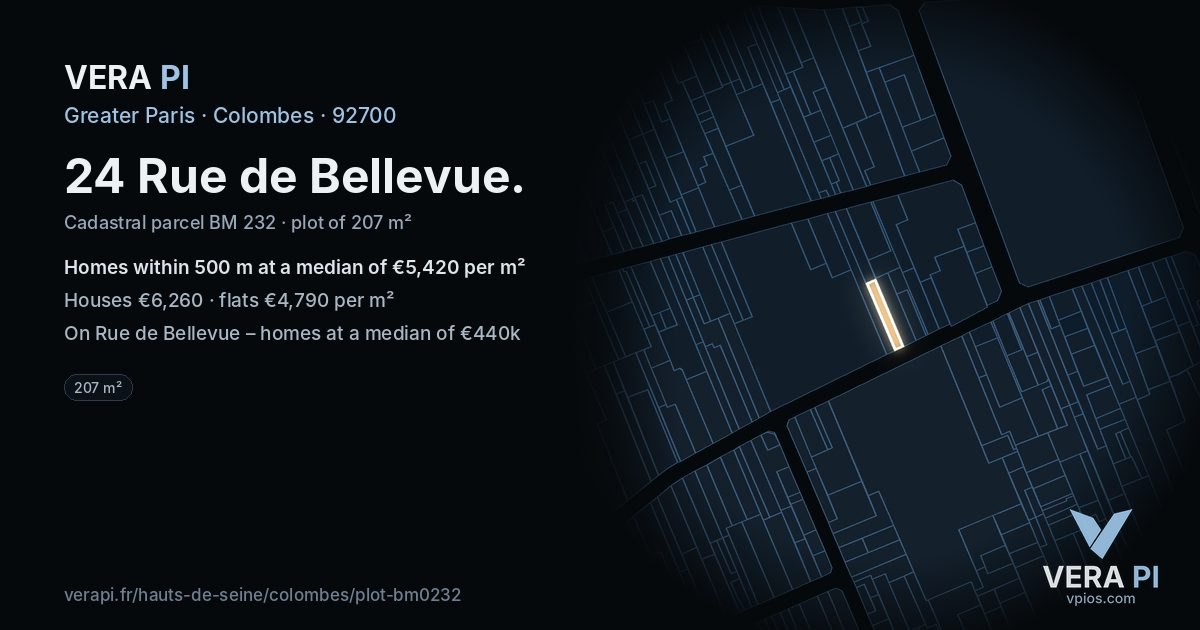 24 Rue de Bellevue, Colombes at night – the plot lit, the parcels around coloured by the prices near them