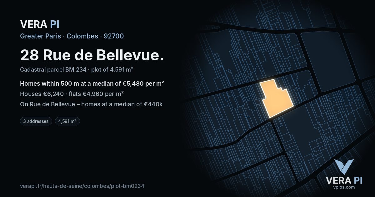 28 Rue de Bellevue, Colombes at night – the plot lit, the parcels around coloured by the prices near them