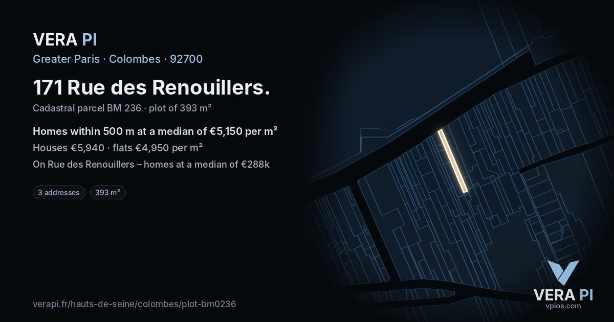 171 Rue des Renouillers, Colombes at night – the plot lit, the parcels around coloured by the prices near them