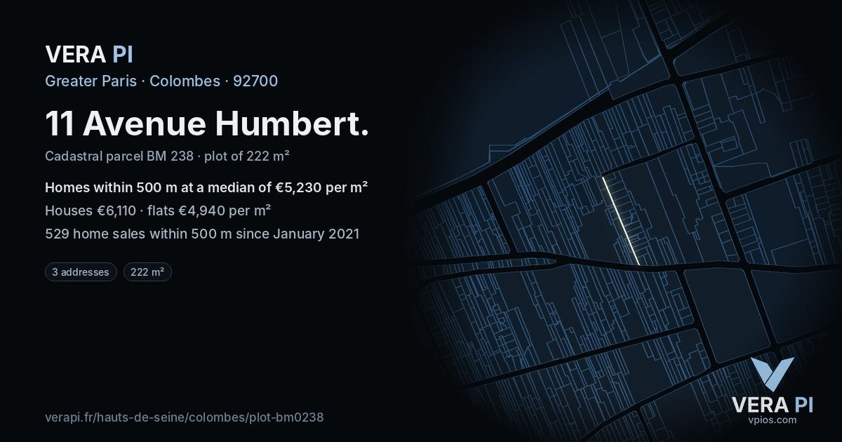 11 Avenue Humbert, Colombes at night – the plot lit, the parcels around coloured by the prices near them