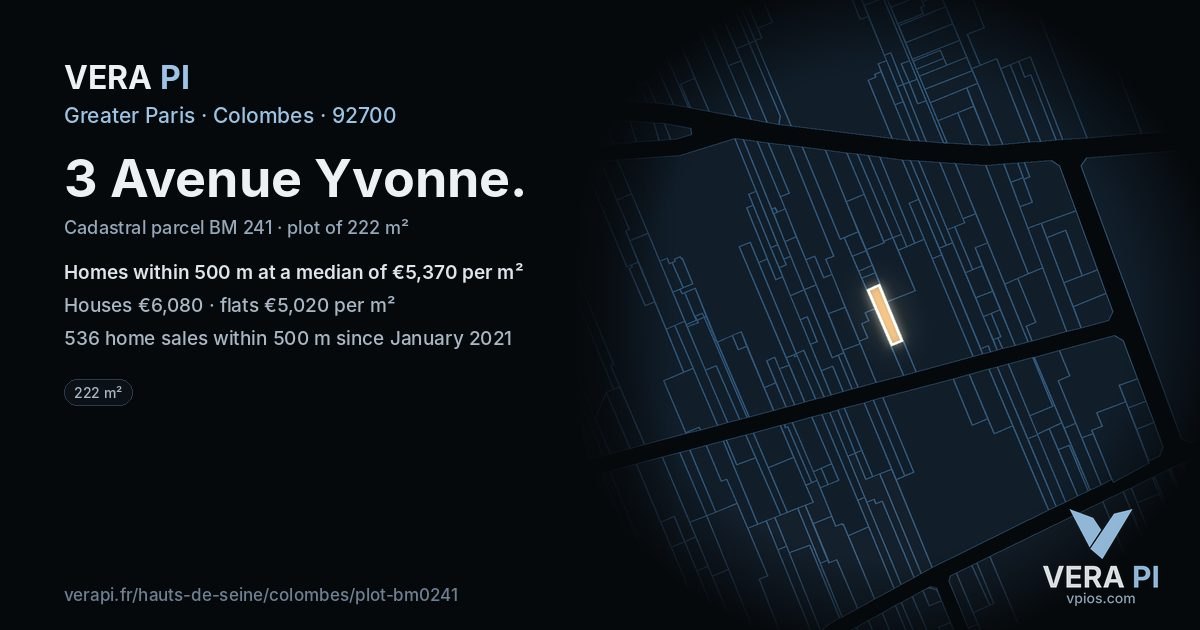 3 Avenue Yvonne, Colombes at night – the plot lit, the parcels around coloured by the prices near them