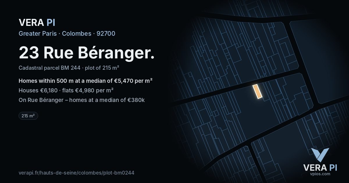 23 Rue Béranger, Colombes at night – the plot lit, the parcels around coloured by the prices near them