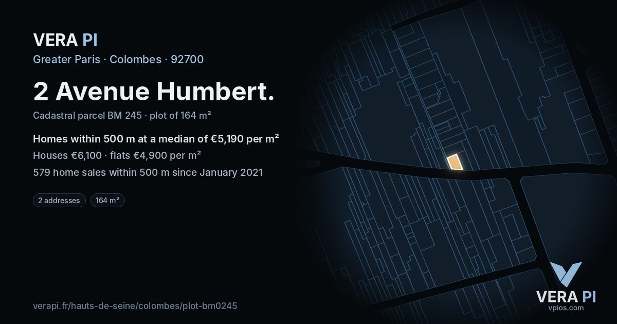 2 Avenue Humbert, Colombes at night – the plot lit, the parcels around coloured by the prices near them