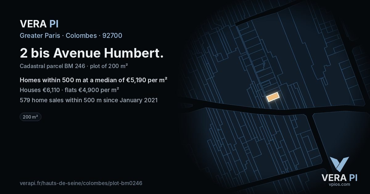 2 bis Avenue Humbert, Colombes at night – the plot lit, the parcels around coloured by the prices near them