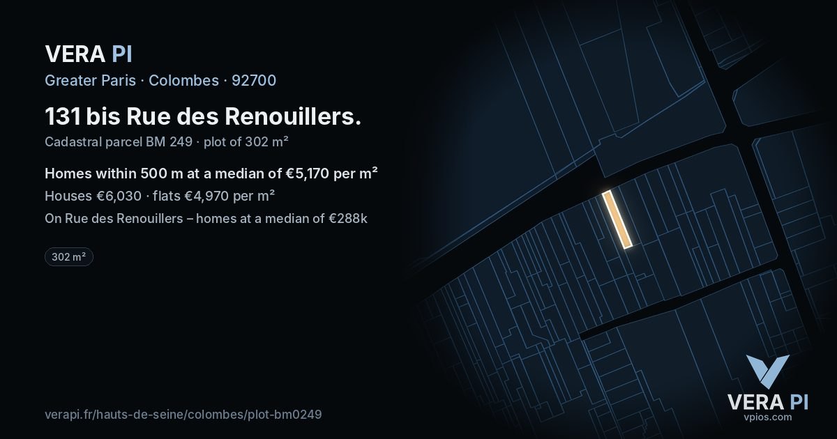 131 bis Rue des Renouillers, Colombes at night – the plot lit, the parcels around coloured by the prices near them