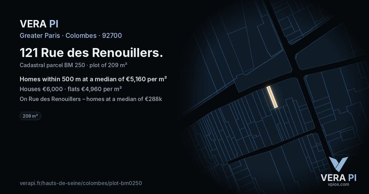 121 Rue des Renouillers, Colombes at night – the plot lit, the parcels around coloured by the prices near them